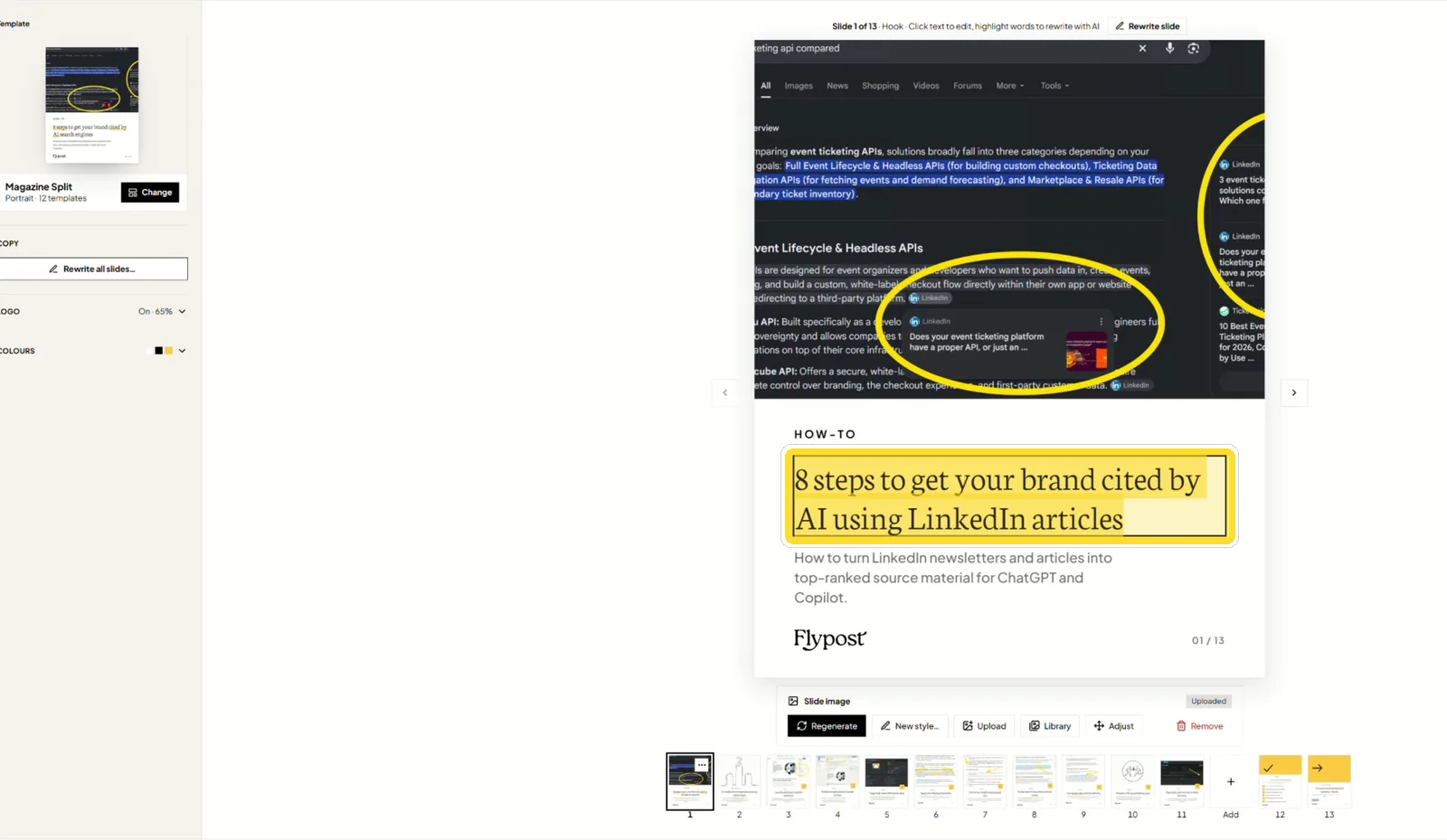 The carousel cover slide with its rewritten title highlighted: 8 steps to get your brand cited by AI using LinkedIn articles