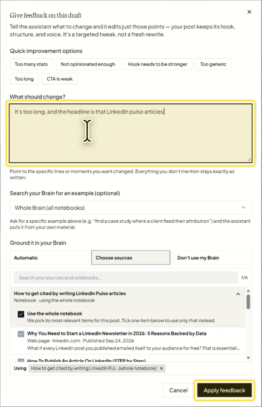 The Give feedback on this draft window in Flypost, with the feedback box and the Apply feedback button highlighted