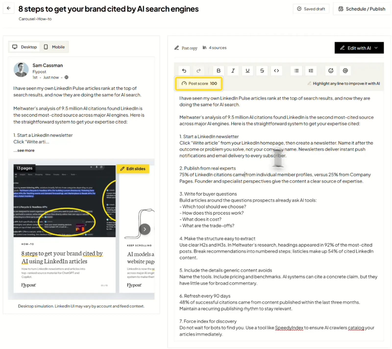 The Flypost post editor with the post score badge showing 100 highlighted above the post text