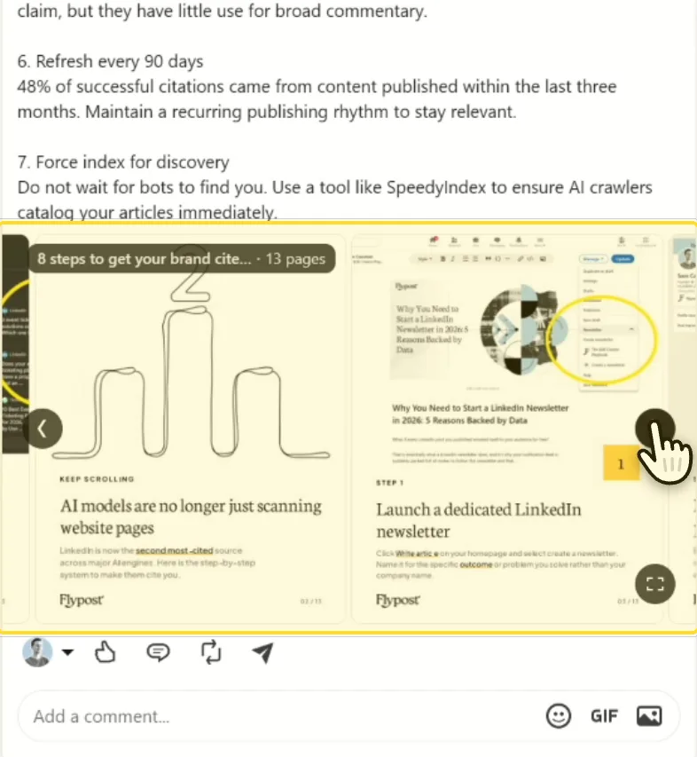 The finished carousel live on LinkedIn, highlighted, showing two slides with the page count of 13