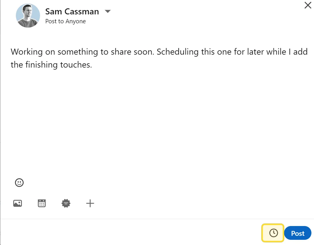 LinkedIn post composer with the clock (schedule) icon highlighted at the bottom-right, next to the Post button