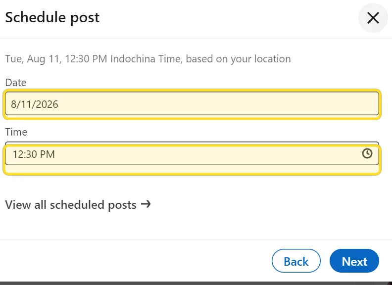 LinkedIn 'Schedule post' window with Date and Time fields and a note that the time is based on your location