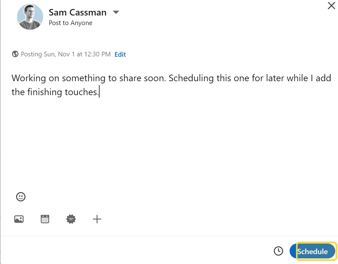 LinkedIn composer showing 'Posting Sun, Nov 1 at 12:30 PM' with an Edit link and a Schedule button