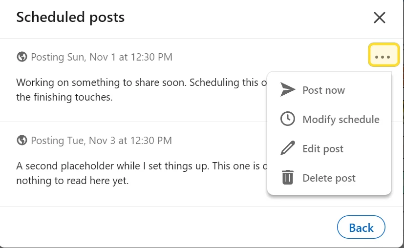 The three-dot menu on a scheduled LinkedIn post showing Post now, Modify schedule, Edit post and Delete post