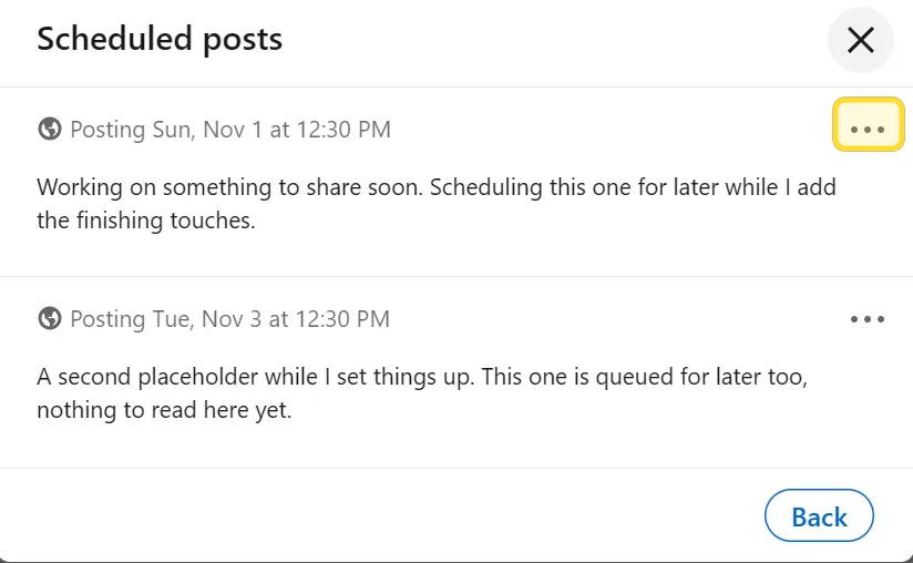 The LinkedIn 'Scheduled posts' window listing two queued posts with their dates and times