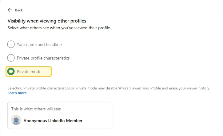 LinkedIn's Visibility when viewing other profiles setting with three options, Private mode selected, and a preview showing you as an Anonymous LinkedIn Member