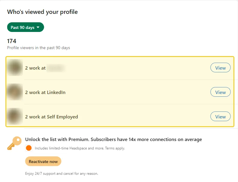LinkedIn's Who's viewed your profile page on a free account, showing 174 viewers in the past 90 days and viewers grouped by where they work, with photos blurred