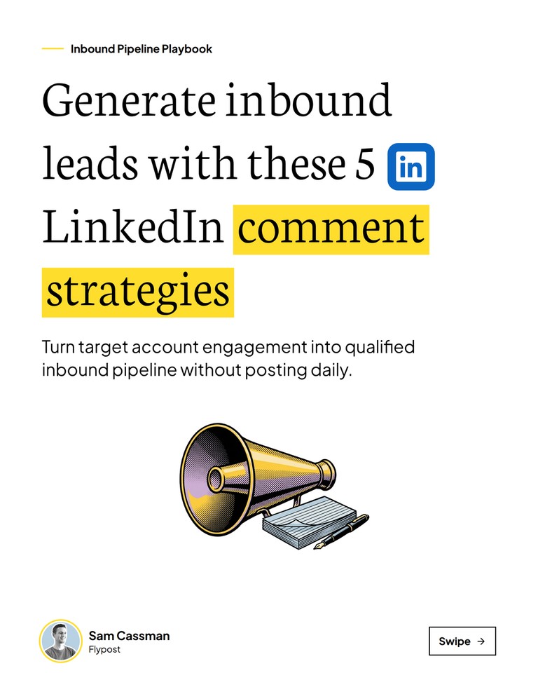 A carousel cover titled Generate inbound leads with these 5 LinkedIn comment strategies, with a drawn megaphone and Sam Cassman's name and photo at the bottom